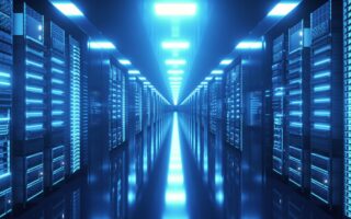 Data center with endless servers. Network and information servers behind glass panels. Cloud computing data storage. 4K high quality loop animation.